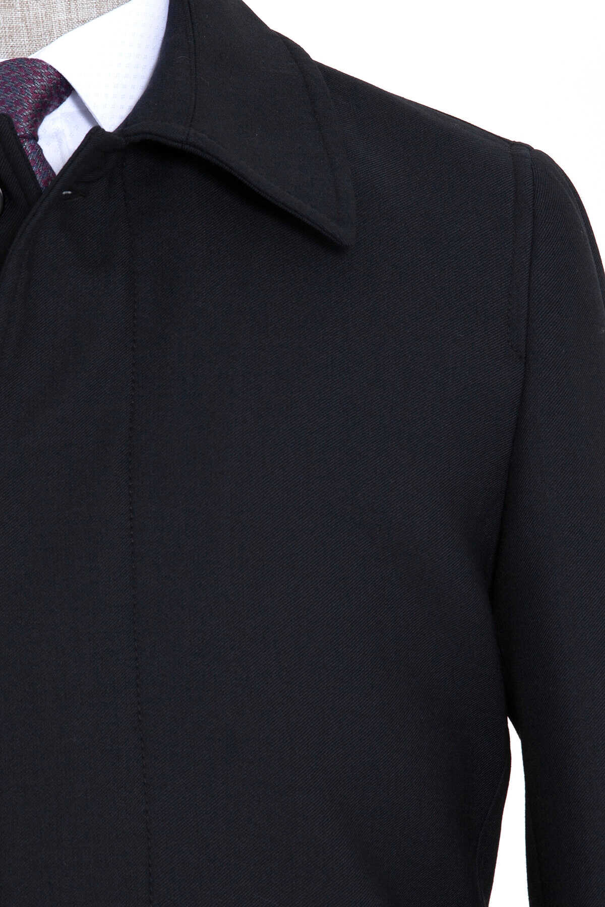 Regular Fit Flat Collar Wool Blend Black Overcoat - SAYKI