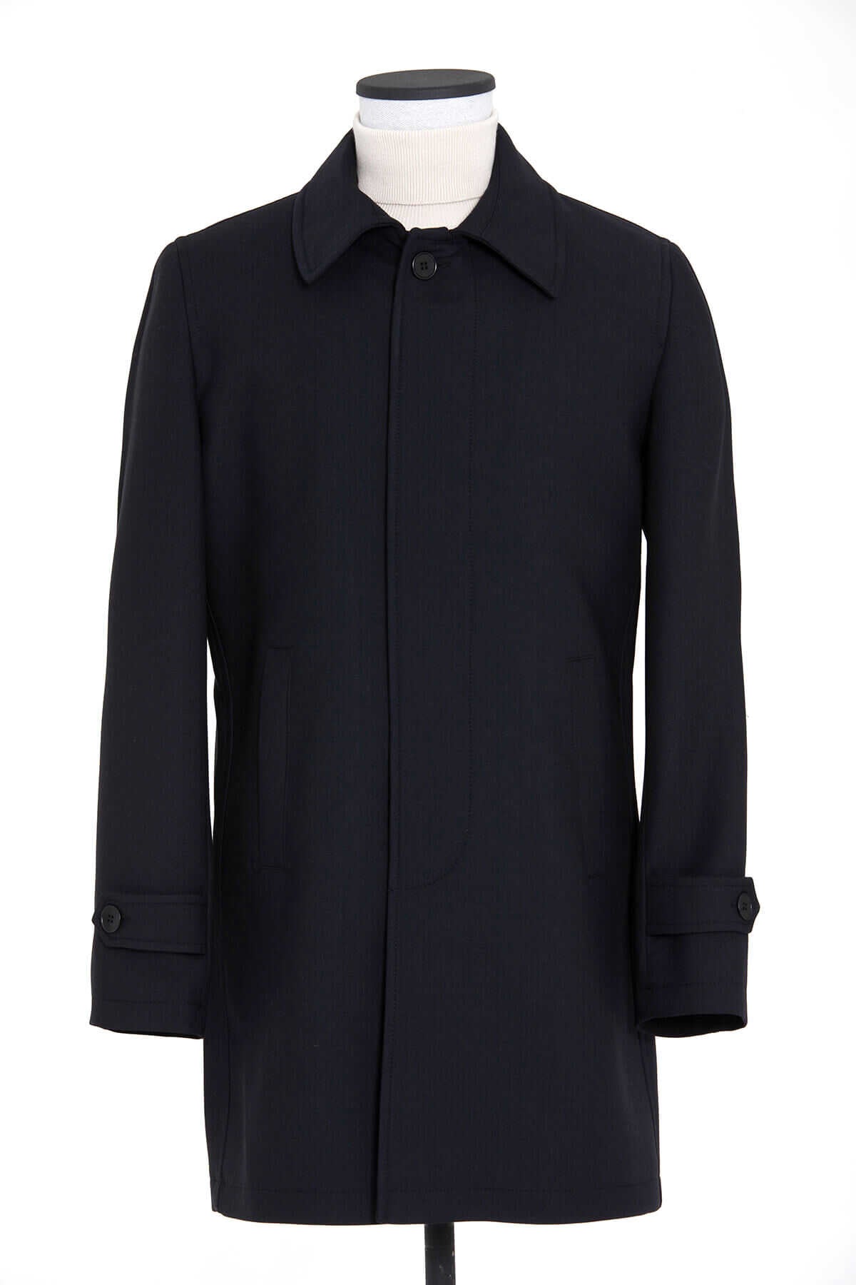 Regular Fit Flat Collar Wool Blend Black Overcoat - SAYKI
