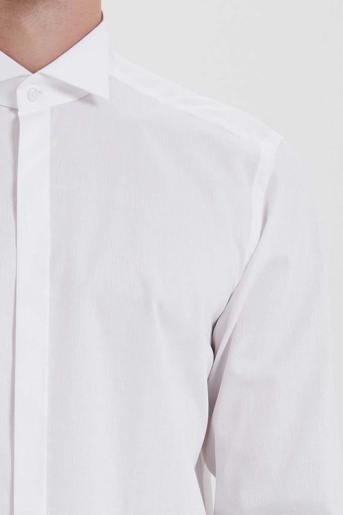 Regular Fit French Cuff Patterned Cotton White Tuxedo Shirt