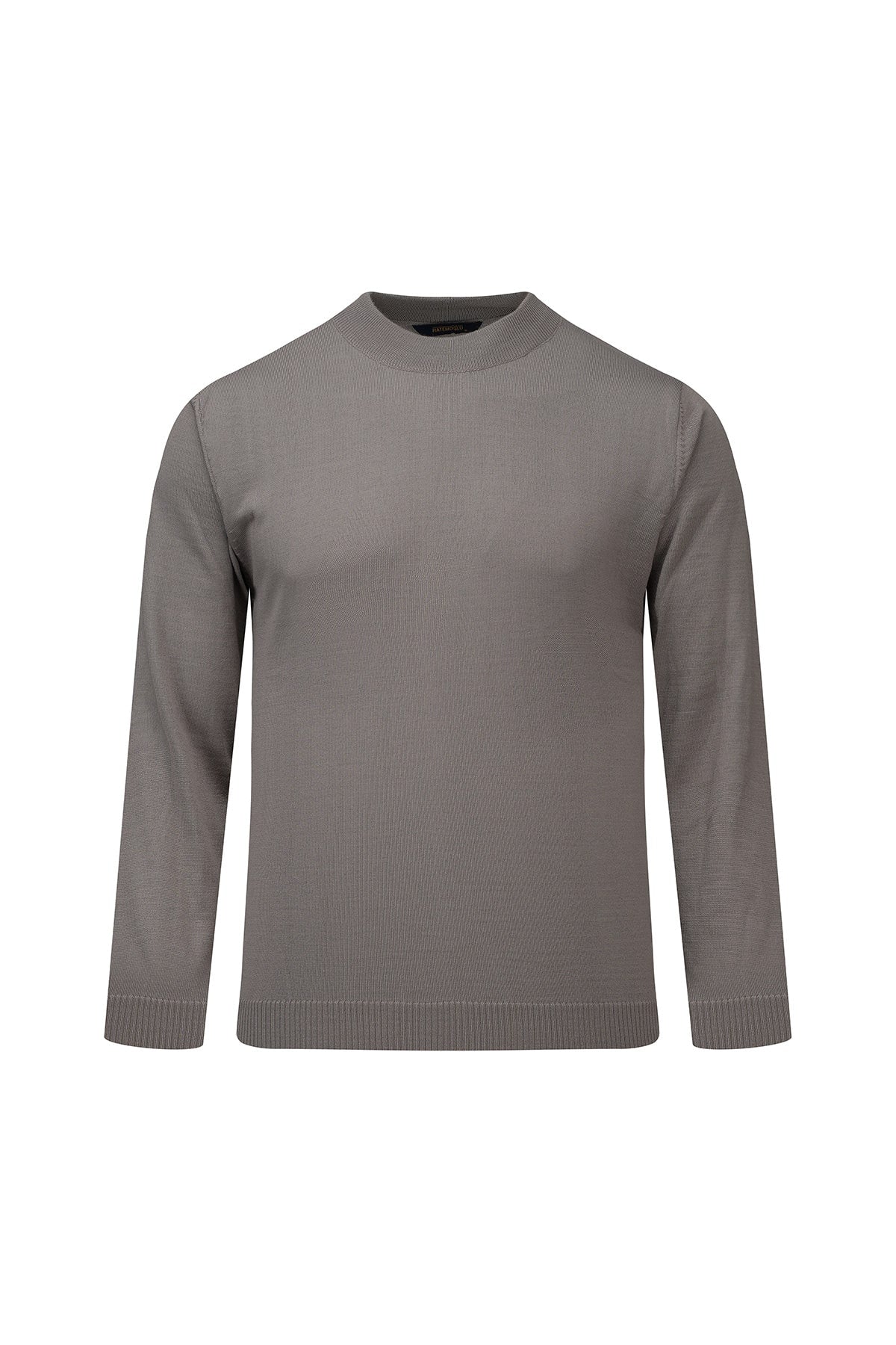 Regular fit gray anti-pilling wool blend mock neck sweater with fine knit texture and ribbed cuffs