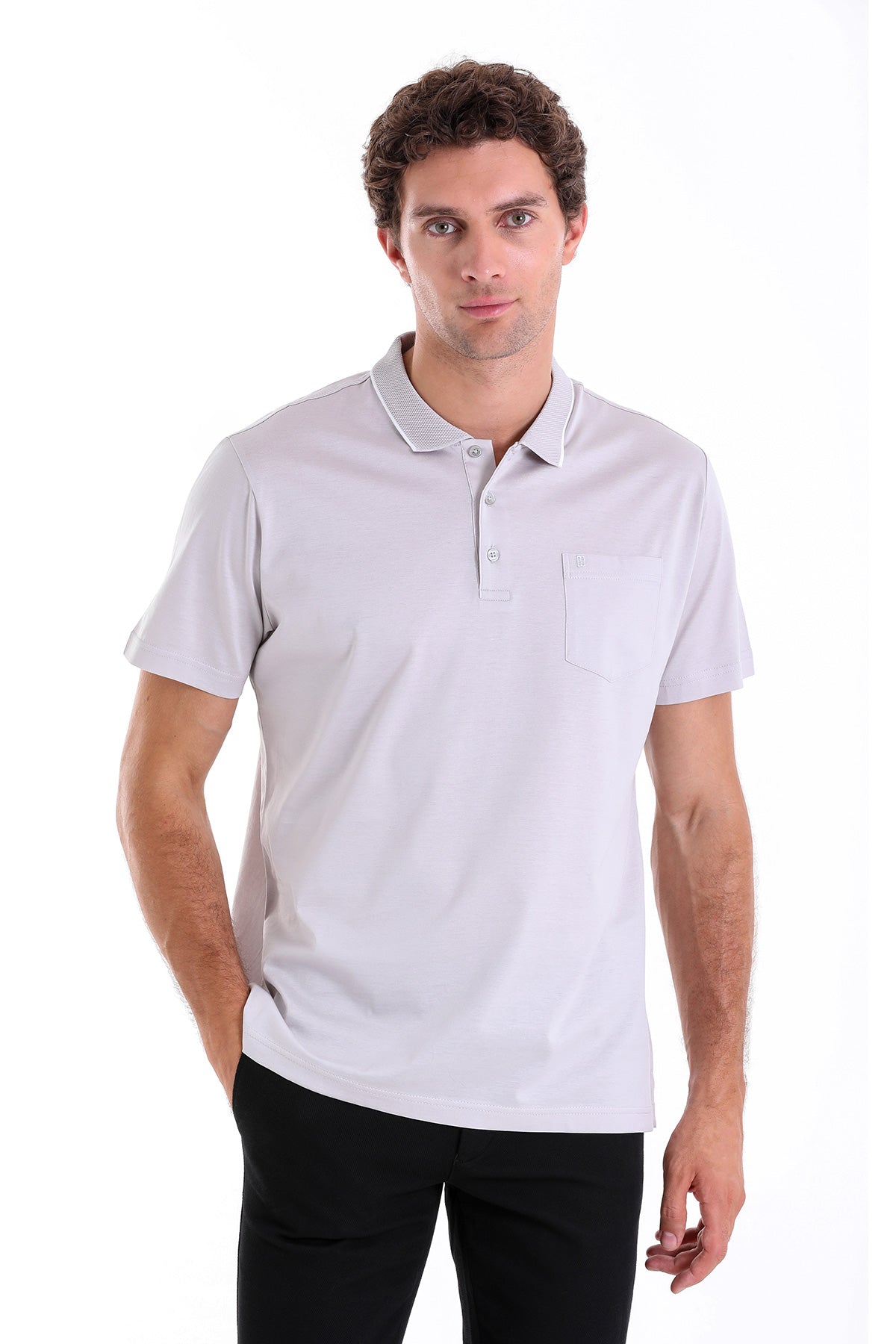 Light gray short-sleeved polo shirt with a subtle textured fabric and a left chest pocket.