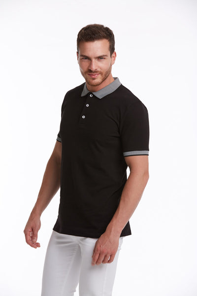 Black polo shirt with gray collar and sleeve trim.