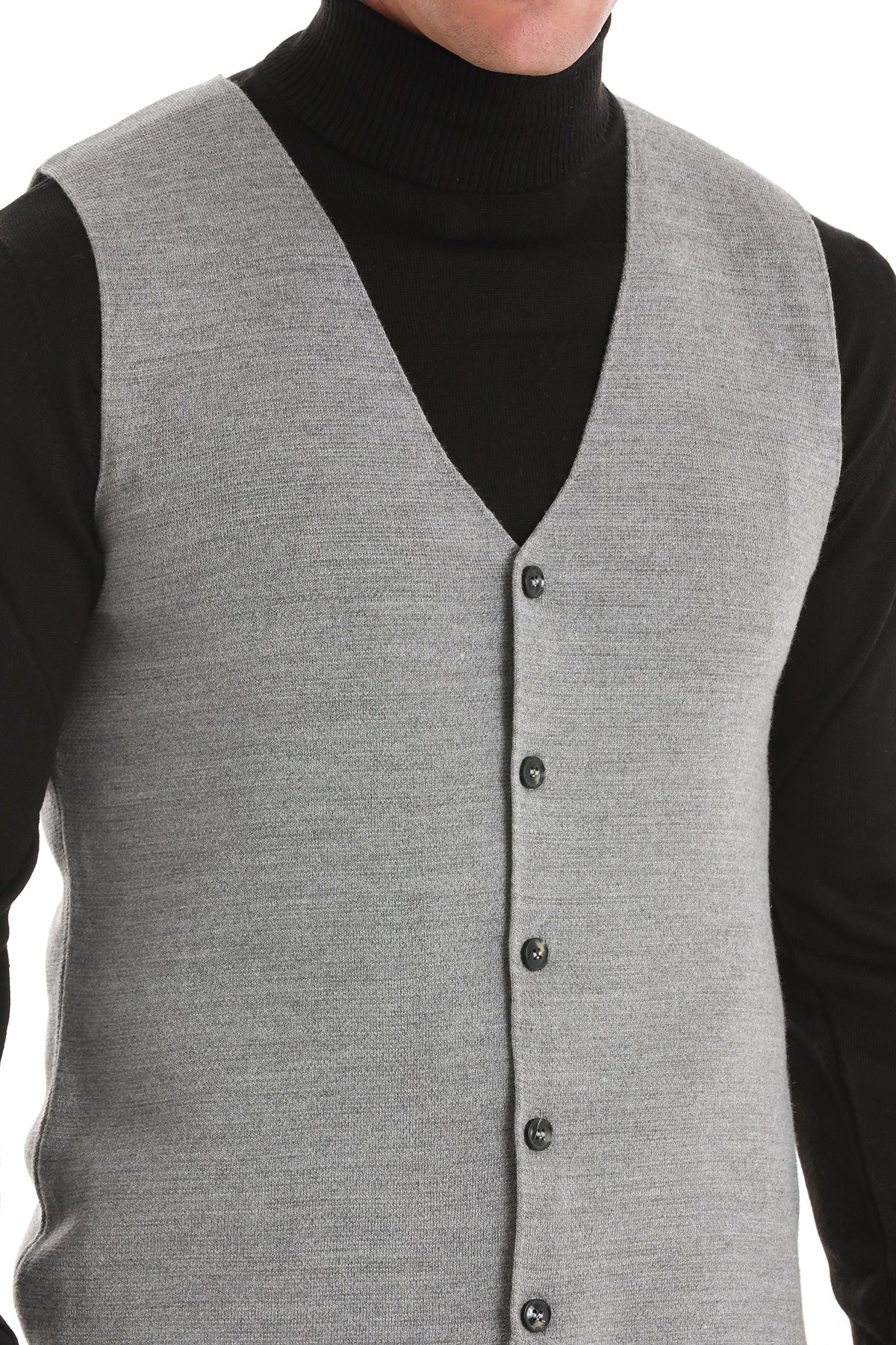 Regular Fit Gray Knit Button Down Vest - SAYKI