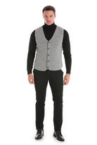 Regular Fit Gray Knit Button Down Vest - SAYKI