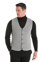 Regular Fit Gray Knit Button Down Vest - SAYKI