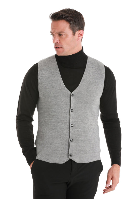 Gray textured knit vest with black buttons.