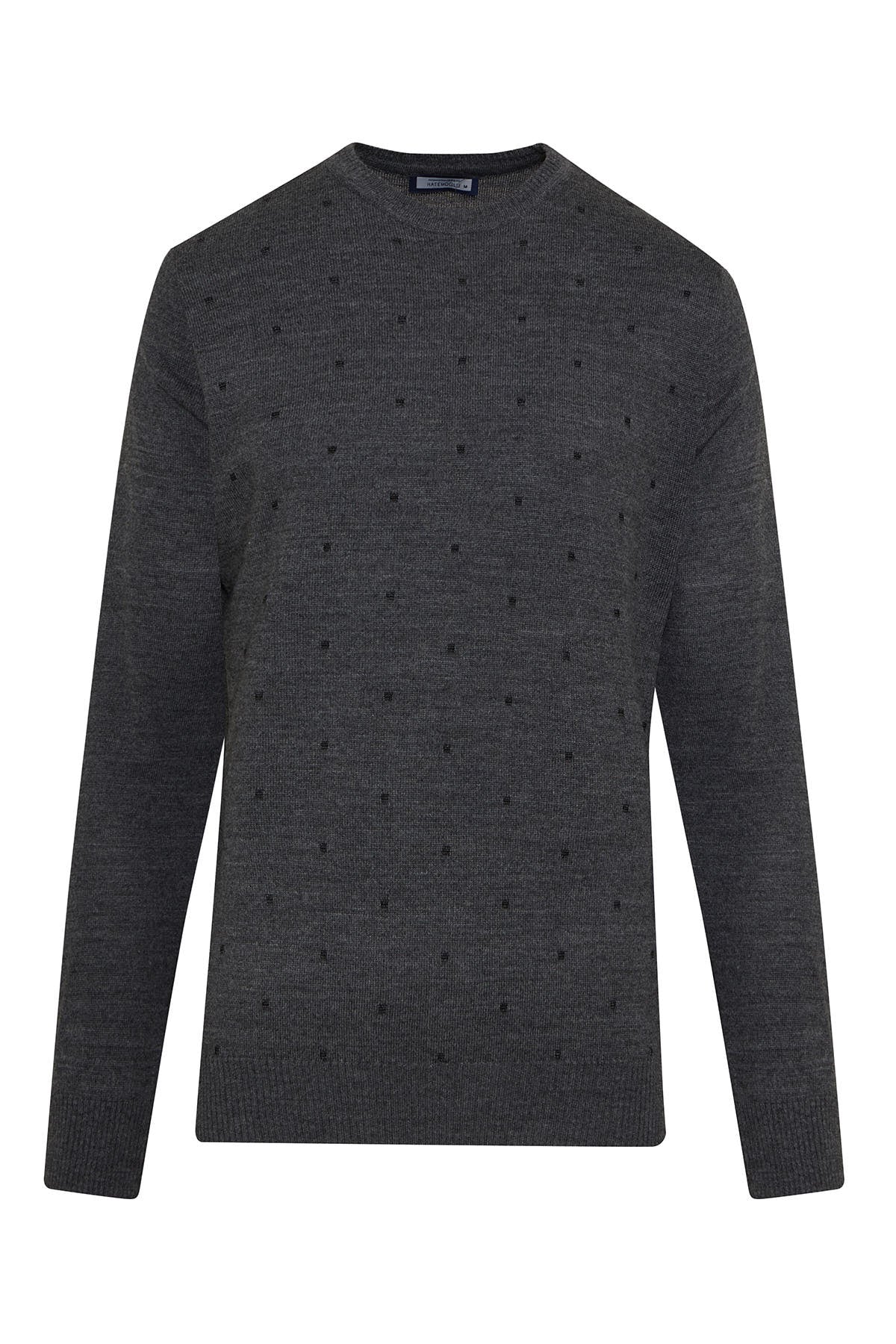 Dark gray crewneck sweater with a subtle pattern of small black dots.