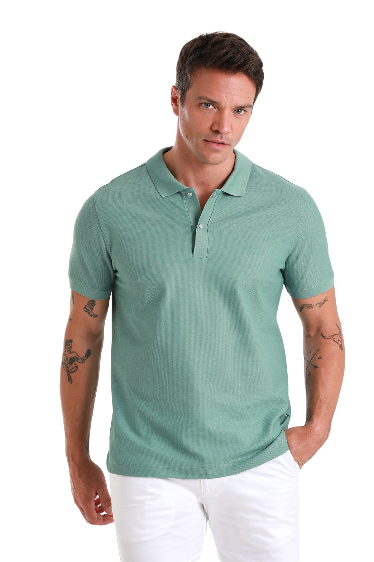 A men’s teal polo shirt with a classic collar and short sleeves.