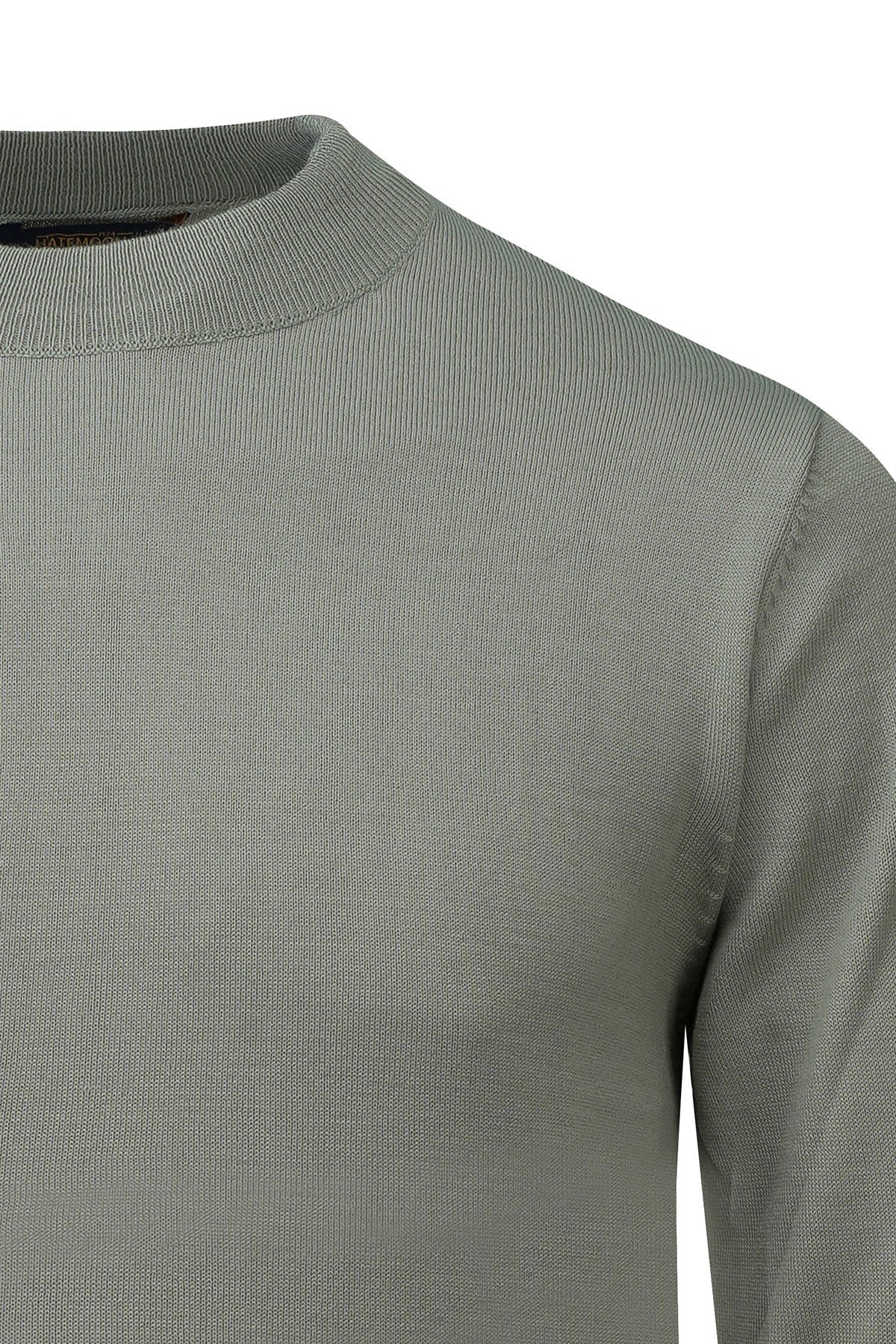 Regular fit olive green ribbed knit sweater with classic crew neck in wool blend for a comfortable everyday look