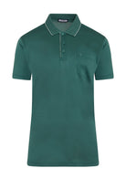 A dark green short-sleeved polo shirt with a contrasting light-colored collar and placket, featuring a single chest pocket.