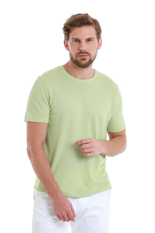 Light green, short-sleeved crew neck t-shirt.