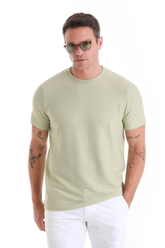 A men’s light green crew-neck t-shirt made of soft cotton fabric.