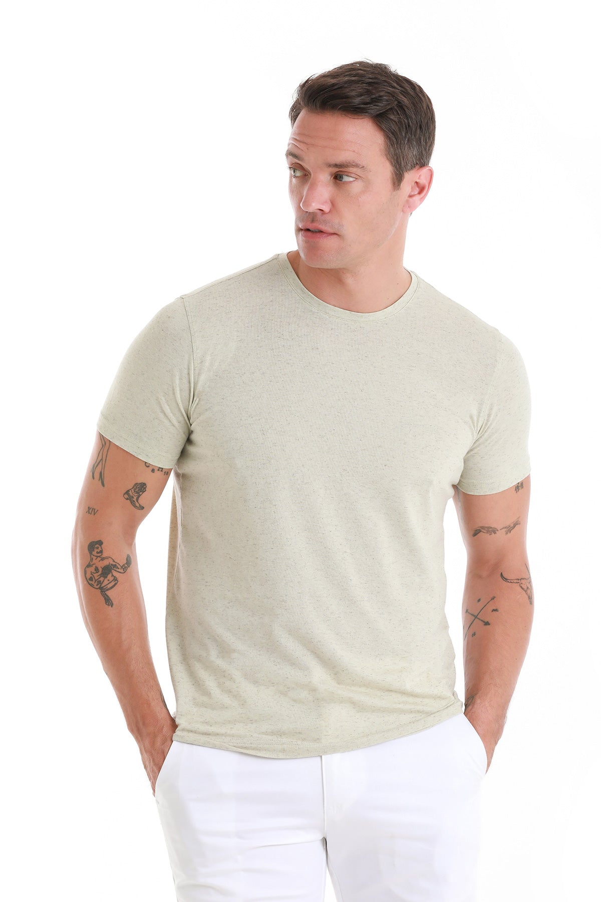 Regular Fit Green Linen-Blend Crewneck T-Shirt - SAYKI
