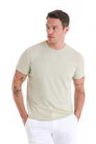 Regular Fit Green Linen-Blend Crewneck T-Shirt - SAYKI