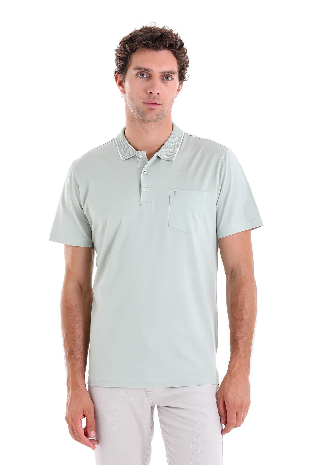 Light green short-sleeved polo shirt with a subtle white trim on the collar and placket.