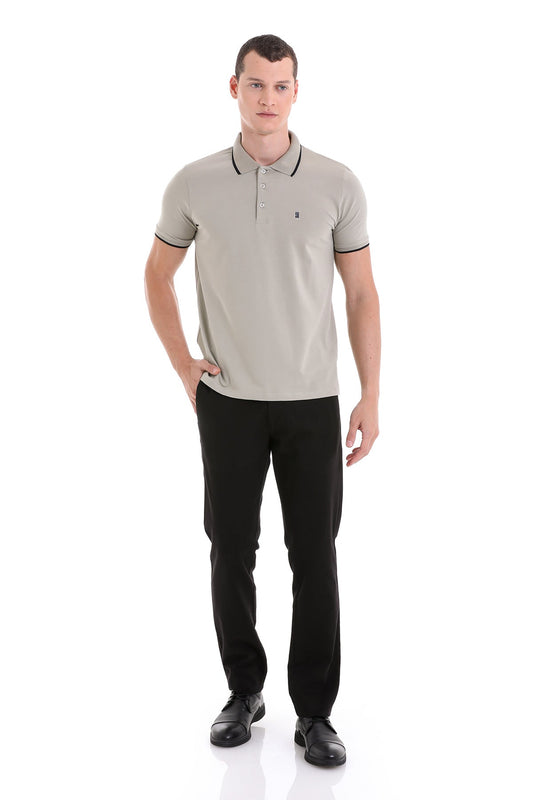 A men’s light gray polo shirt with black trim on the collar and sleeve cuffs, featuring a small embroidered logo on the left chest.
