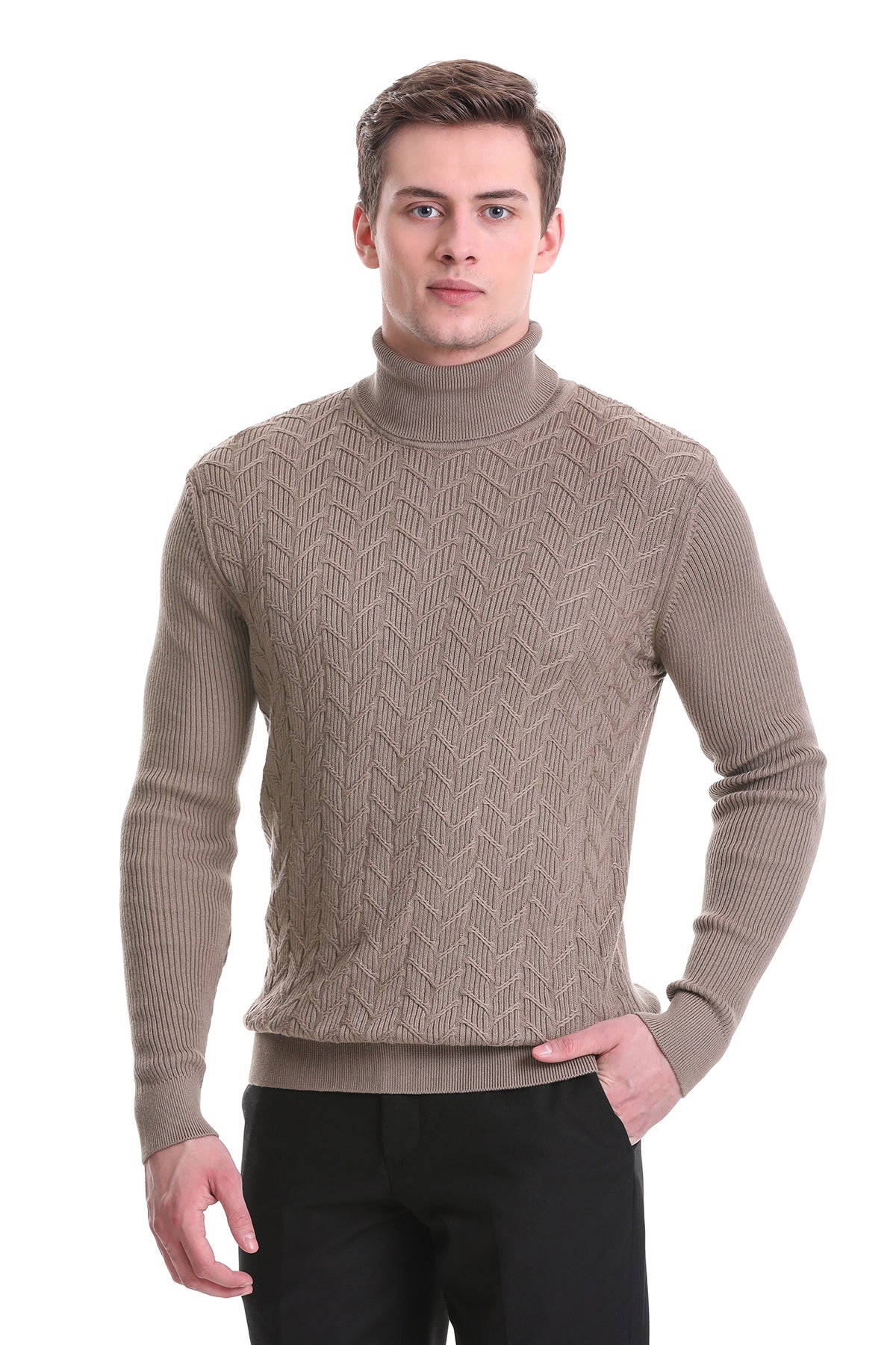 Beige turtleneck sweater with a textured herringbone knit pattern and ribbed cuffs.