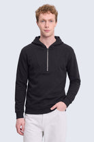 Regular fit hooded sweatshirt in cotton blend black with subtle textured fabric and sleek silver zip front closure