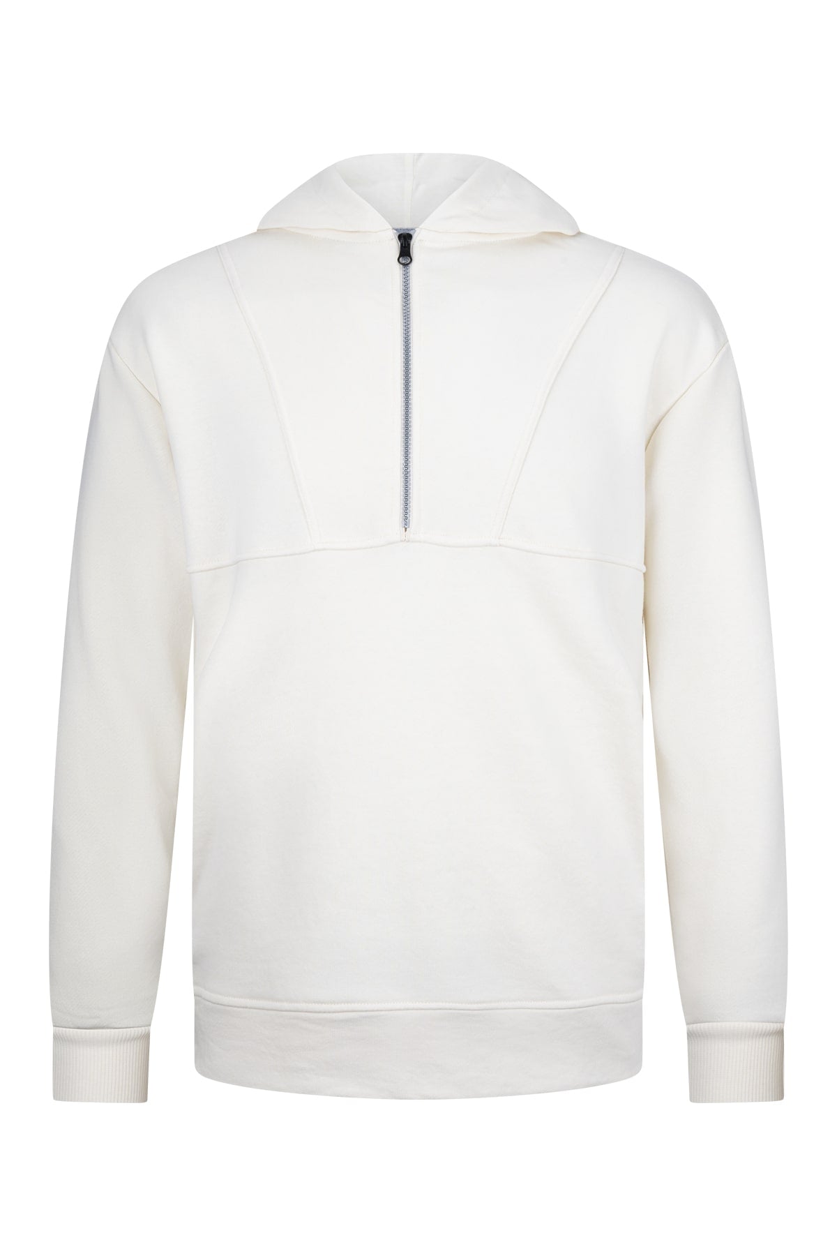 White half-zip hoodie with a clean, minimalist design and ribbed cuffs.