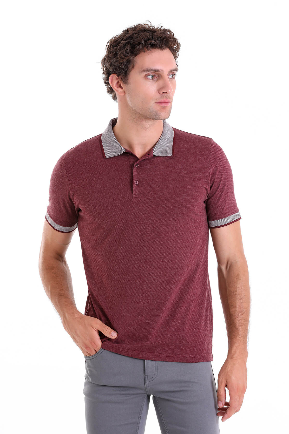 Maroon short-sleeved polo shirt with gray collar and sleeve trim.