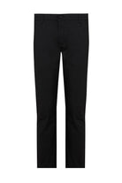 Black men’s tailored trousers with a sleek, straight-leg cut and classic button closure.