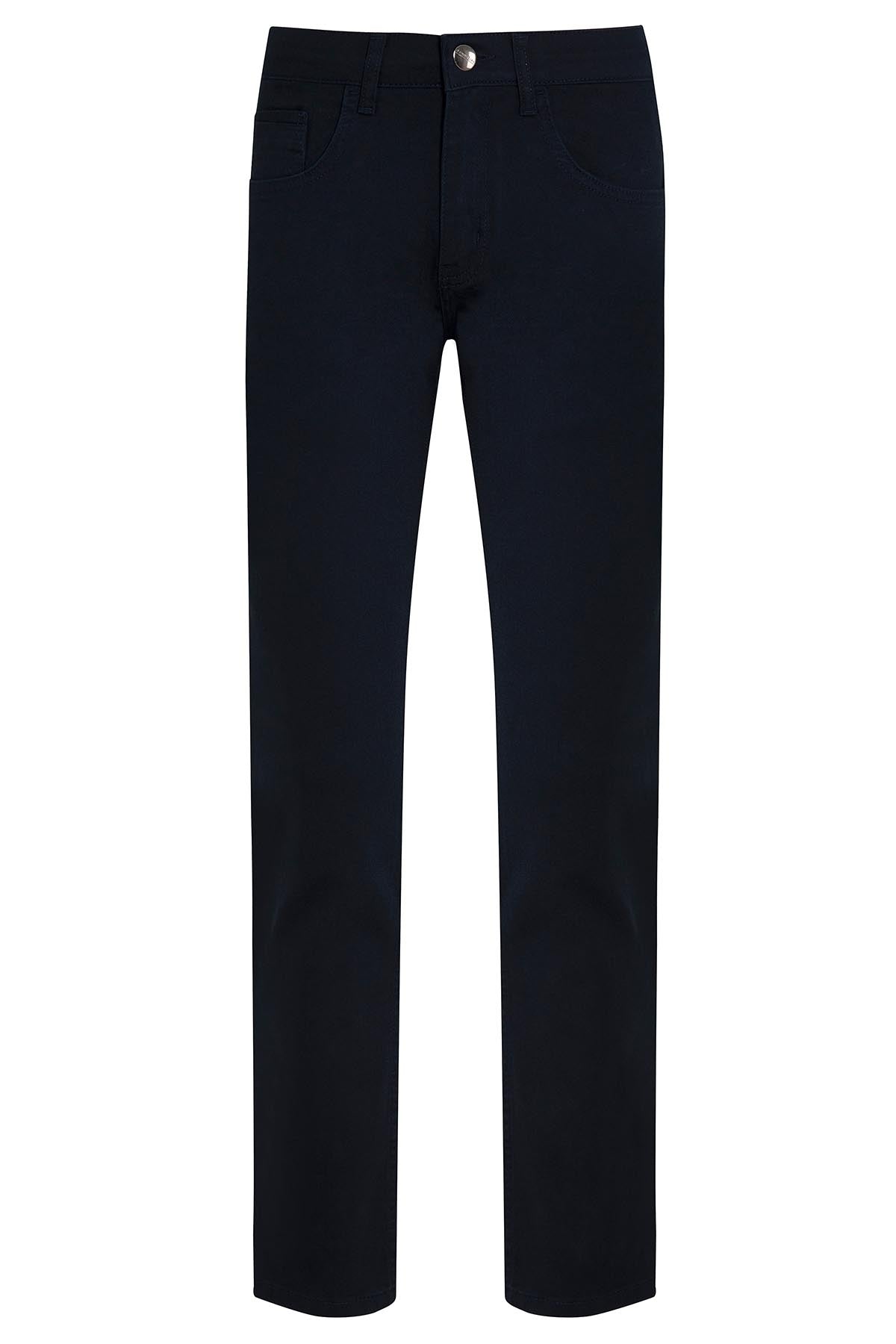 Black straight-leg denim jeans with a classic five-pocket design and silver button closure.