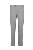 Gray textured wool trousers with a subtle herringbone pattern and a classic tapered fit.