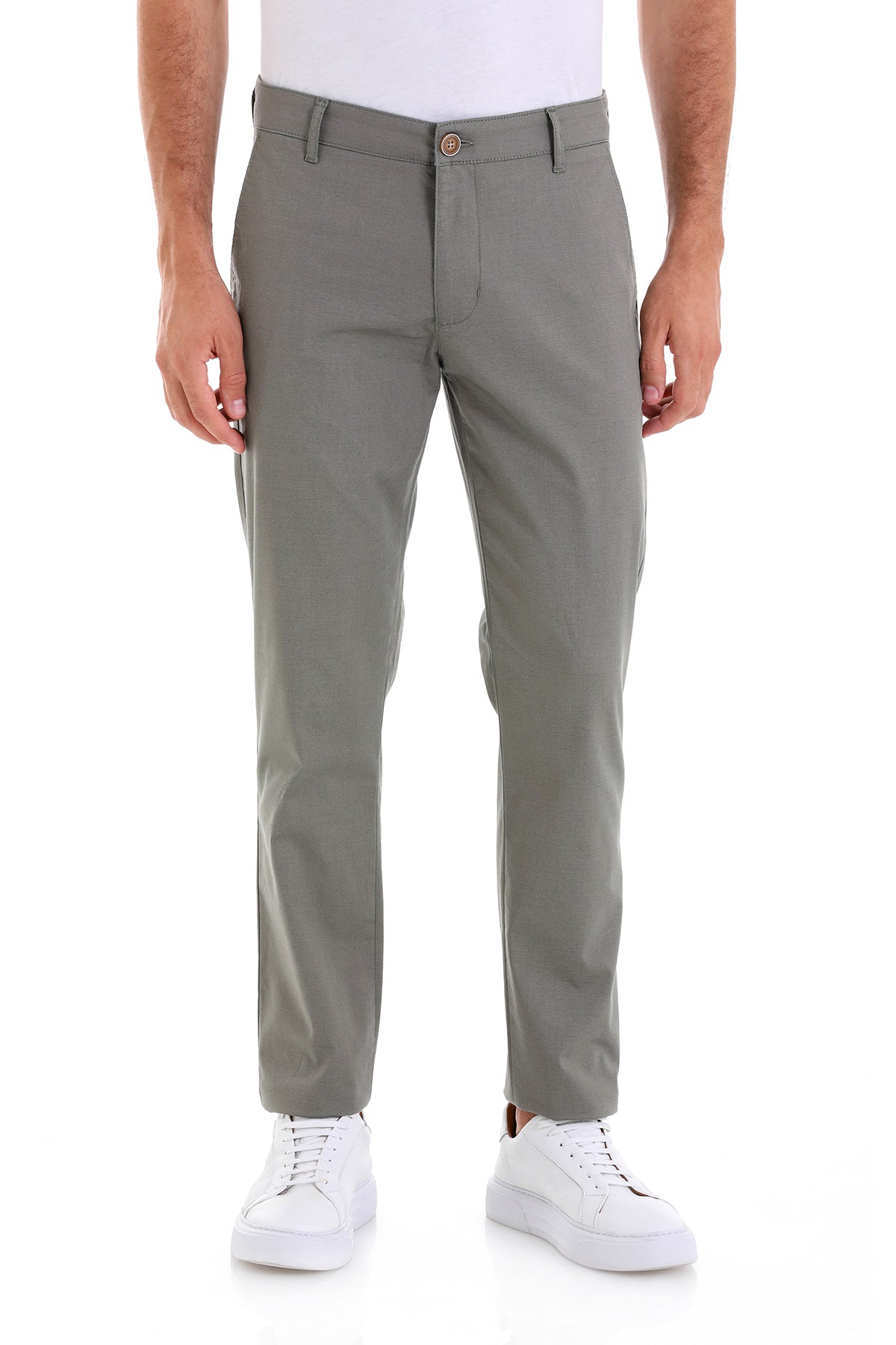 Gray chino trousers with a slim fit and a subtle texture, featuring a button closure at the waistband.
