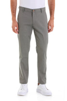 Gray chino trousers with a slim fit and a subtle texture, featuring a button closure at the waistband.