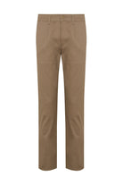 Khaki-colored, straight-leg chino trousers with a classic button closure and subtle pleats at the front.