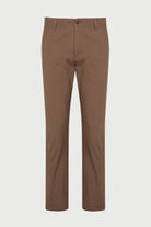 Brown chino trousers with a classic straight-leg cut and a single button closure at the waist.