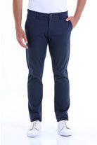Navy blue chino pants with a sleek, straight-leg cut and subtle stitching details