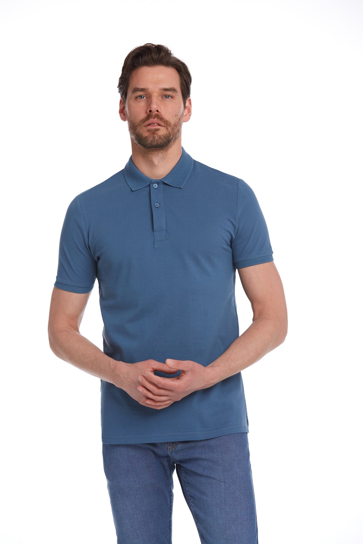 Blue short-sleeved polo shirt with a classic collar and buttoned placket.