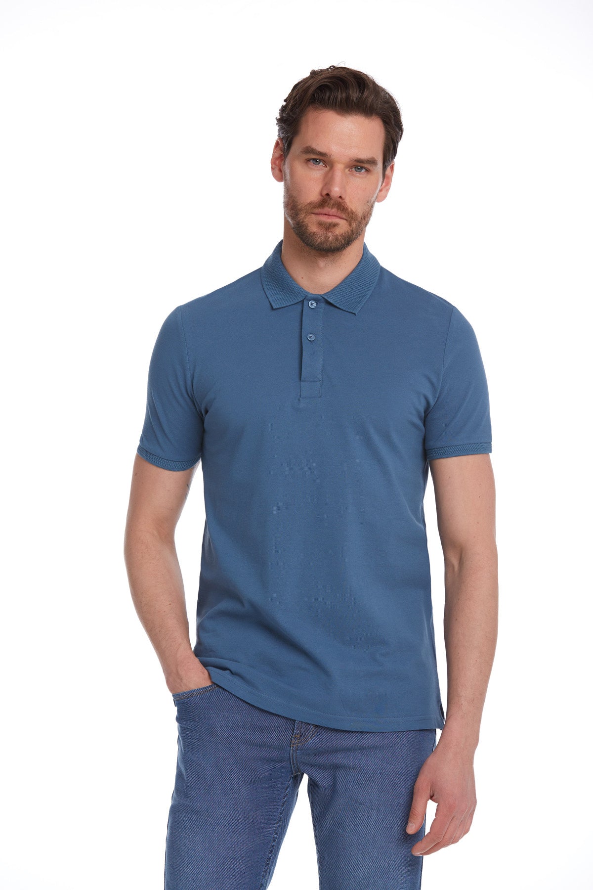 A men’s solid blue short-sleeved polo shirt with a classic collar and button placket.