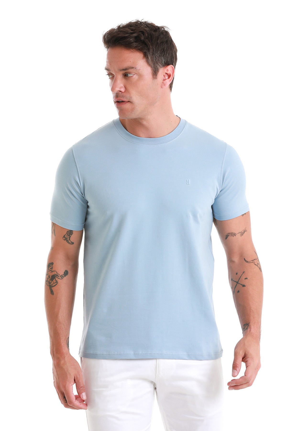 Regular Fit Indigo Cotton Blend Crewneck T-Shirt - SAYKI