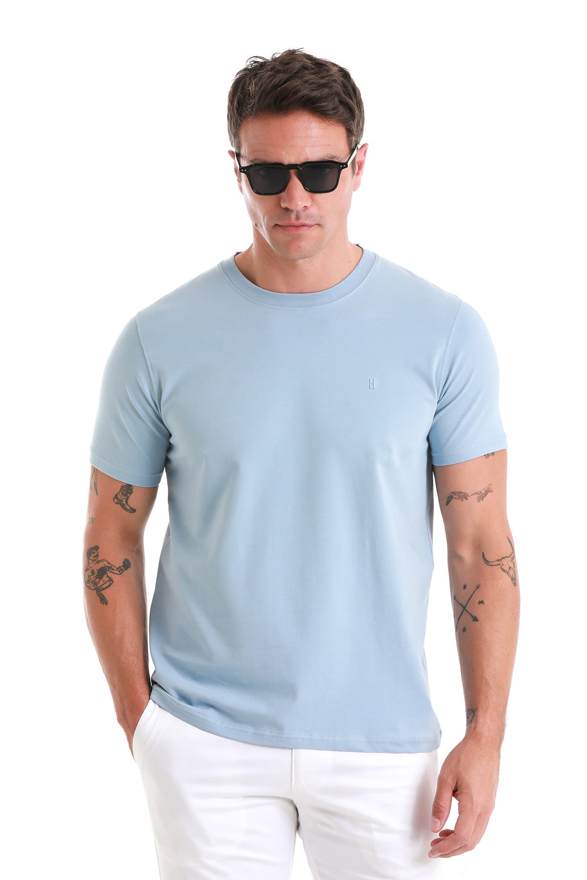 Regular Fit Indigo Cotton Blend Crewneck T-Shirt - SAYKI