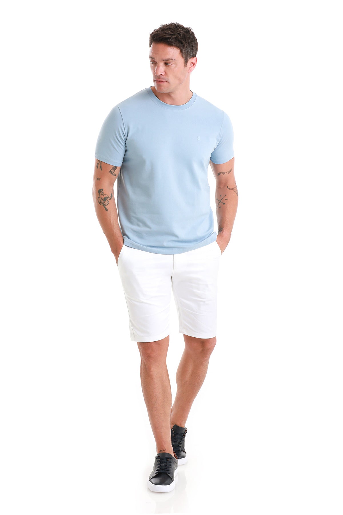 Regular Fit Indigo Cotton Blend Crewneck T-Shirt - SAYKI