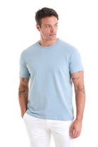 Regular Fit Indigo Cotton Blend Crewneck T-Shirt - SAYKI