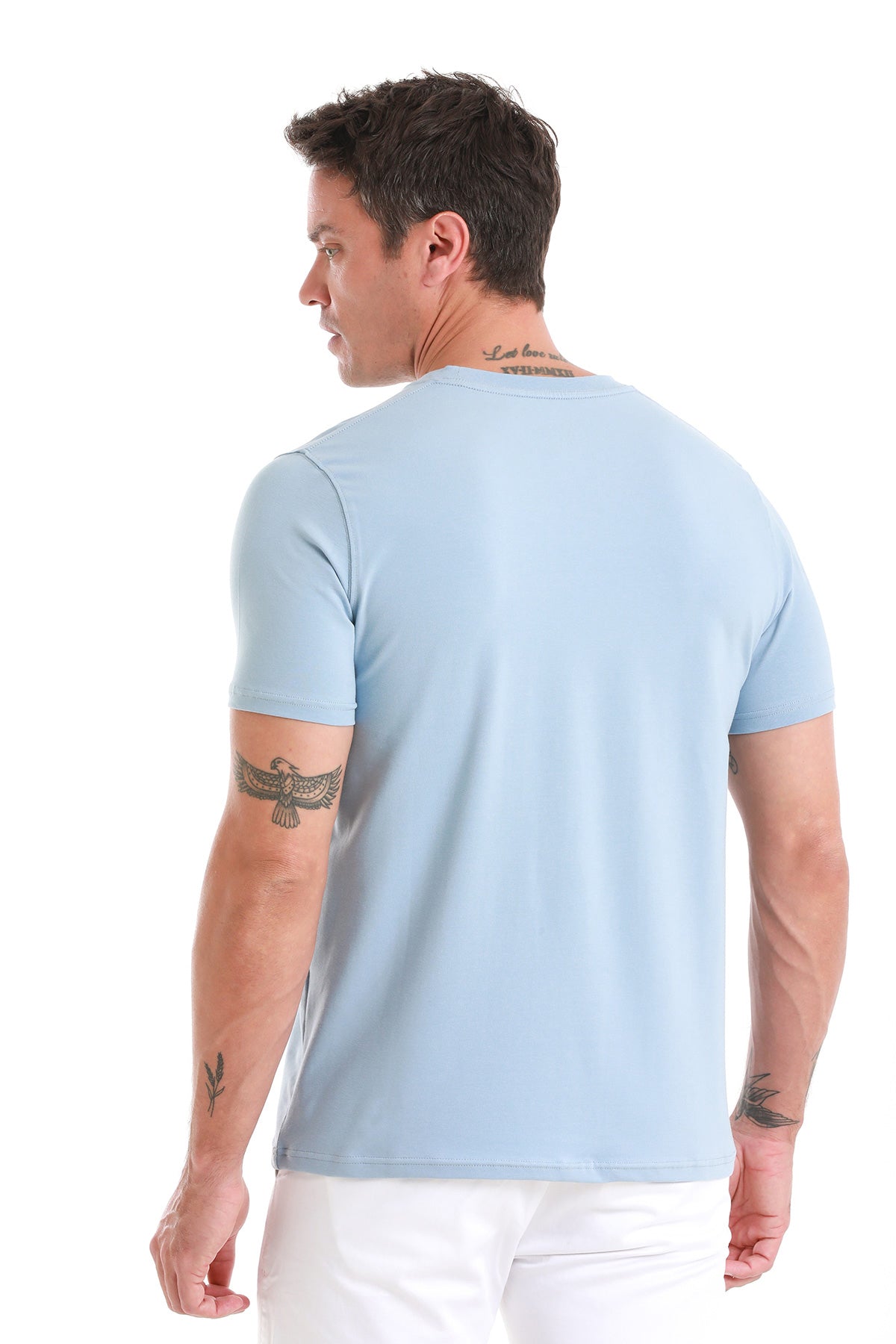 Regular Fit Indigo Cotton Blend Crewneck T-Shirt - SAYKI
