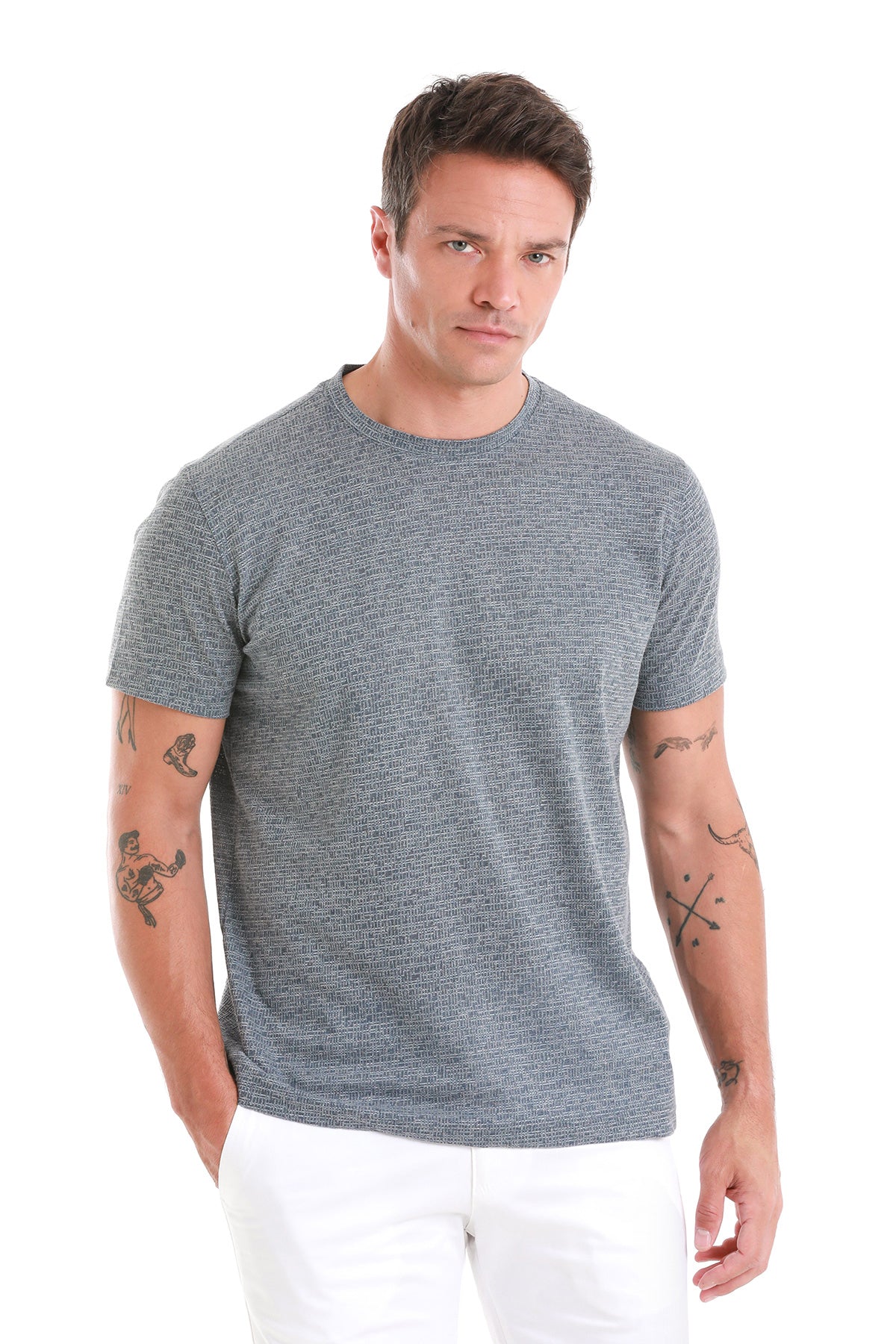 Gray textured short-sleeve t-shirt with a crew neck.
