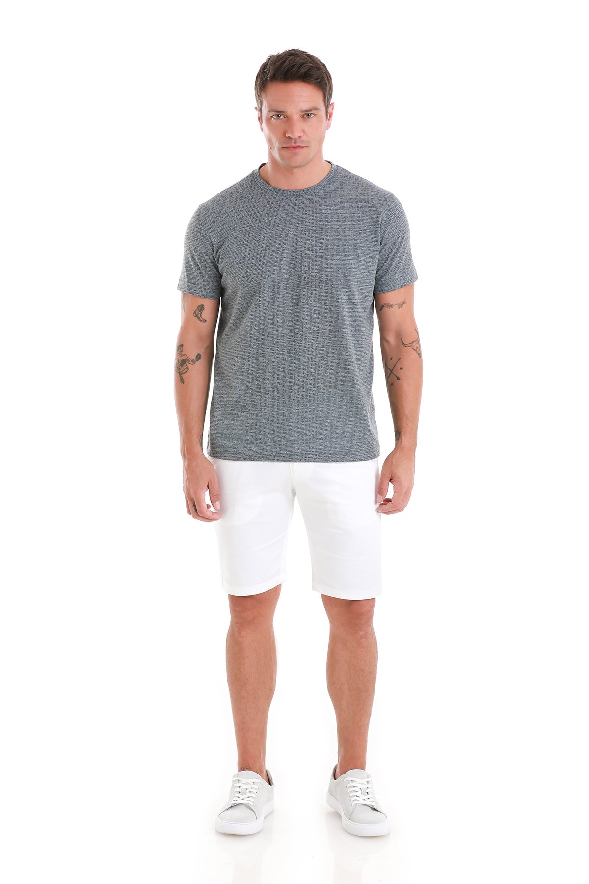Regular Fit Indigo Jacquard Cotton Linen Blend Crewneck T