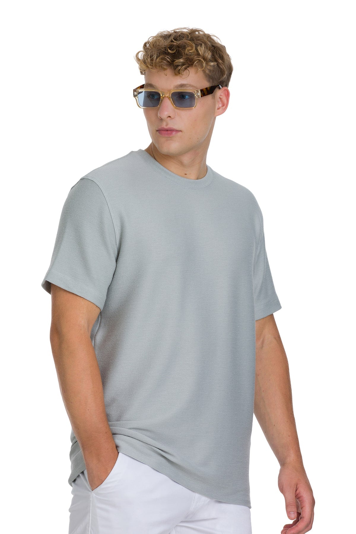 Regular Fit Jacquard Gray Crewneck T-Shirt - SAYKI