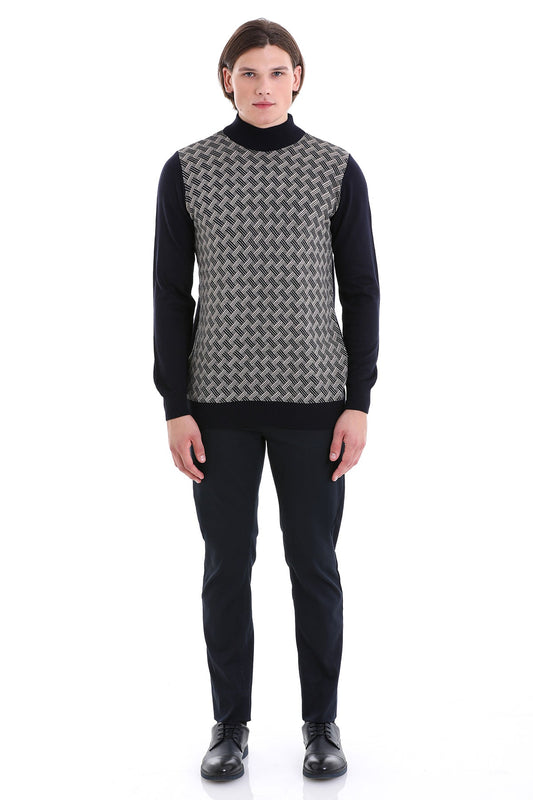 Black and gray woven patterned knit vest with long sleeves over a black turtleneck.