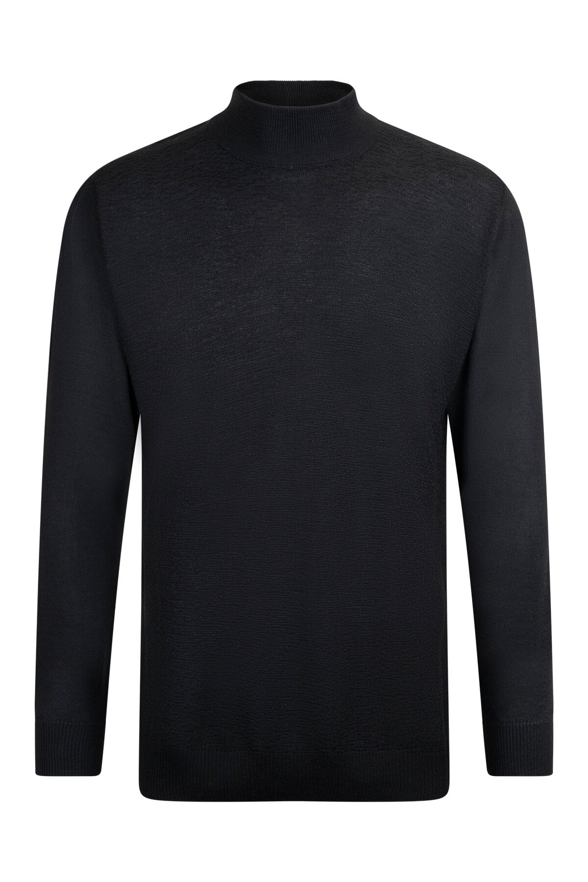Black ribbed turtleneck sweater with a smooth, fitted silhouette.