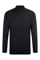 Black ribbed turtleneck sweater with a smooth, fitted silhouette.