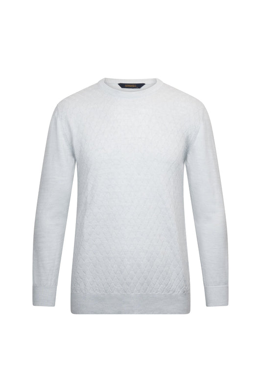 A minimalist white crewneck sweater with a subtle textured pattern across the lower front and ribbed cuffs and hem.