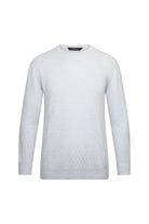 A minimalist white crewneck sweater with a subtle textured pattern across the lower front and ribbed cuffs and hem.