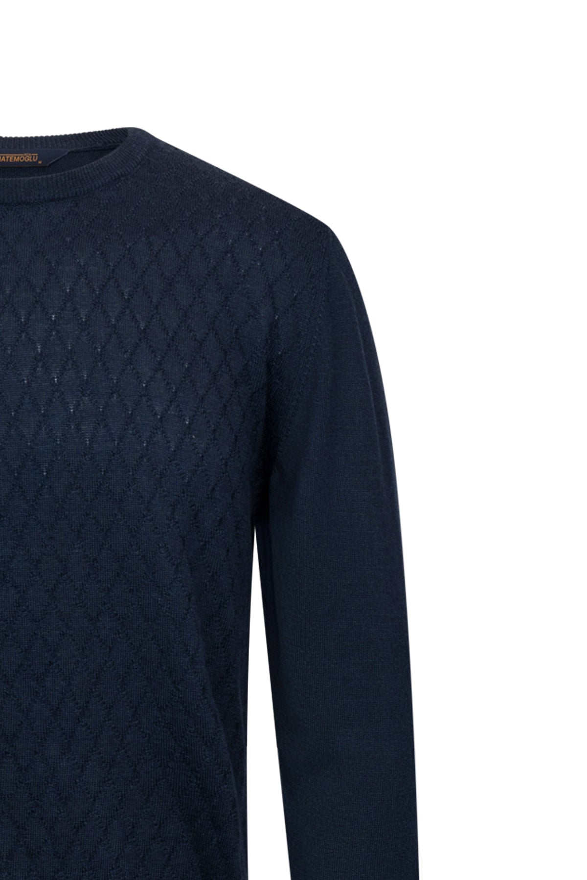 Regular Fit Jacquard Wool Blend Navy Crewneck Sweater