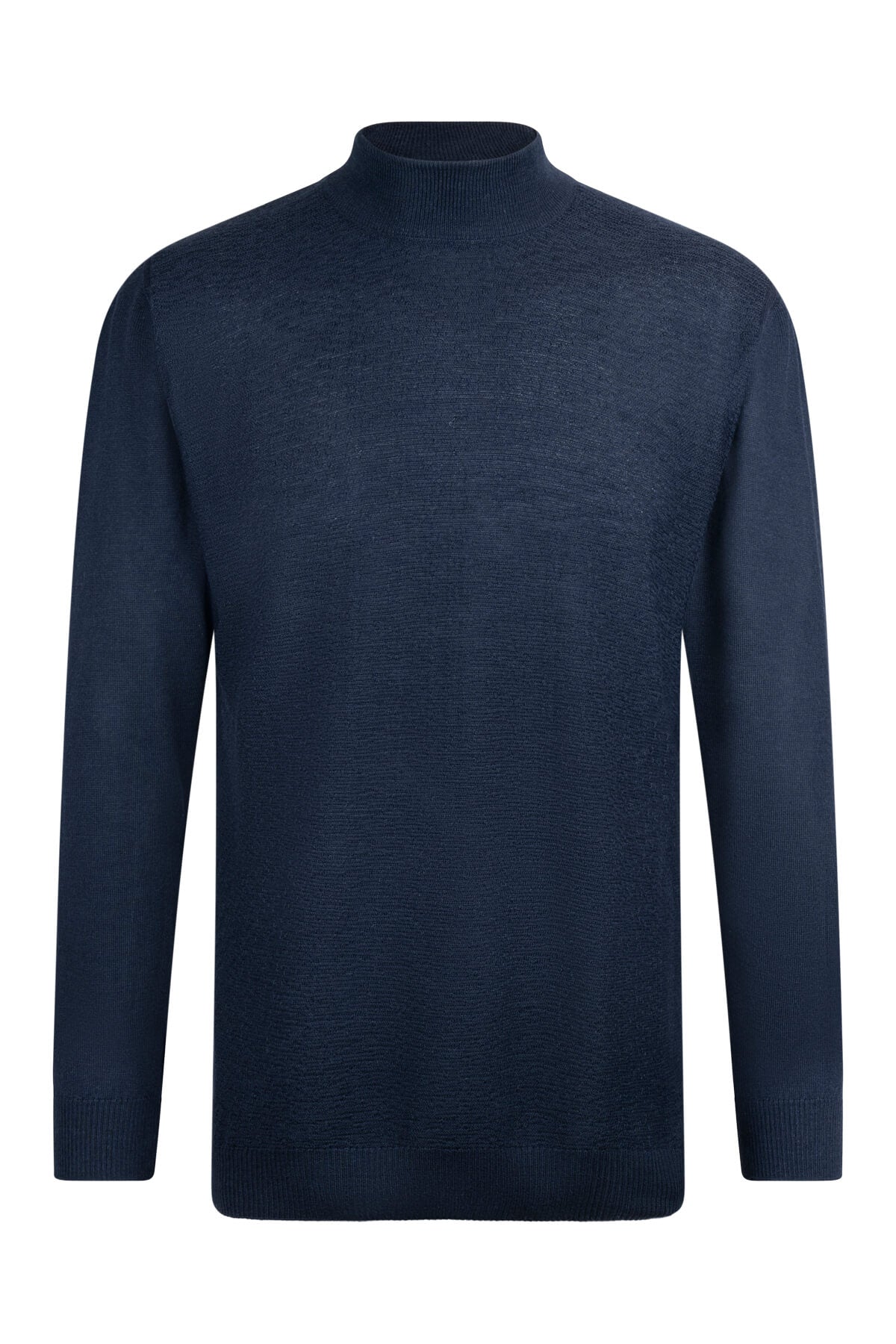Regular Fit Jacquard Wool Blend Navy Mockneck Sweater