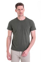 Olive green cotton crew-neck t-shirt.